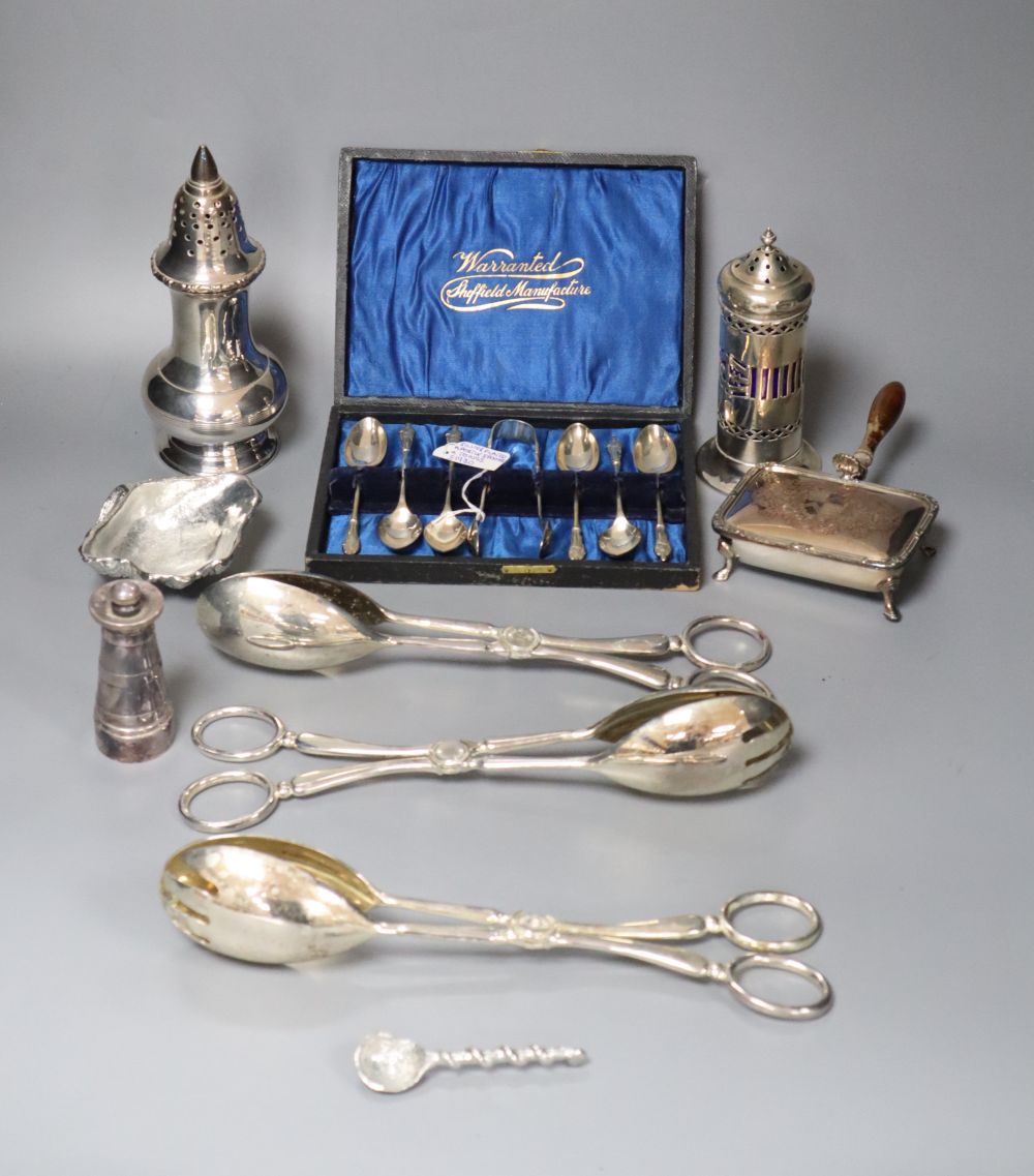 Silver plated ware including chafing dish, sugar caster, Apostle spoons with tongs, etc.